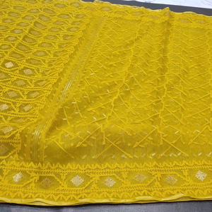 Exportable Deshi Dhakai amarillo Jamdani Sharee calidad de exportación para mujeres JAMDANI tela rojo verde dorado cielo azul de Bangladesh - Product Image 1