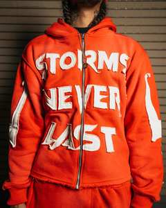 Men Jogger Set Custom Logo Acid Wash <b>Applique</b> Distressed Embroidery Flared Sweatpants and Hoodie Set Tracksuits Two Piece Set - Product Image 3