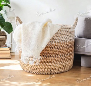 Brown <b>Wicker</b> <b>Laundry</b> <b>Basket</b> Handwoven Water Hyacinth <b>Laundry</b> Storage <b>Basket</b> with Built-In Handles for Organizing and Home Decor - Product Image 5