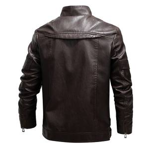 Oem ODM logotipo personalizado de cuello alto vintage bomber chaqueta de cuero para hombres chaquetas más tamaño sin capucha cremallera bolsillo lateral invierno - Product Image 5