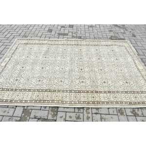 Tapis turc 5,3x8,2 pieds, tapis oriental vintage en laine blanc et marron - Product Image 3