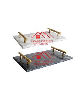 Ensemble de 2 plateaux en marbre fini avec poignée en métal doré - Product Image 1