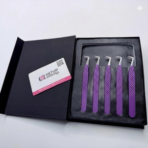 Venta al por mayor GETUP BROSONS IMPEX Pinzas para extensión de pestañas de acero inoxidable antimagnéticas con recubrimiento en polvo morado, agarre de diamante y punta plateada - Product Image 1