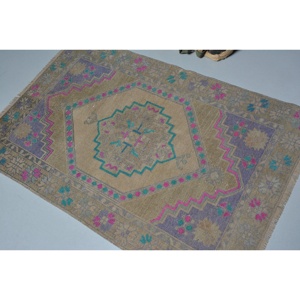 Turkish Vintage Rug 3.2x4.7 ft, <b>Brown</b> Accent Floral <b>Wool</b> Rug - Product Image 4
