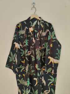 <b>Black</b> Jungle Print <b>Women's</b> Cotton Kimono <b>Robe</b>-V-Neck Full Length Soft Summer Luxury Gift - Product Image 2