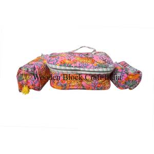 Ensemble de trousses de maquillage en coton imprimé floral Sanganeri fait main, organisateur de voyage matelassé pour cosmétiques, 3 pièces, trousse de toilette en gros - Product Image 1