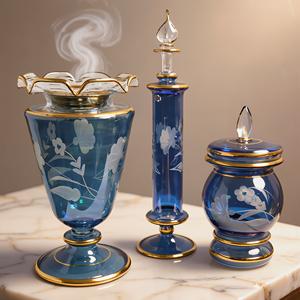Ensemble de 3 pièces en verre floral gravé, soufflé à la main, fabriqué en Égypte, comprenant un vase, un flacon de parfum et un pot à couvercle, avec bordure bleue et dorée, pour la décoration en gros - Product Image 1