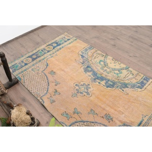 Turkish 3.5x6.4 ft Rug, Accent Vintage Rug, <b>Yellow</b> Bordered <b>Wool</b> Rug - Product Image 5