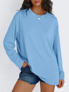 Camiseta básica de cuello redondo para mujer, camiseta 2025 de Color puro para mujer, Camisetas estampadas de algodón pesado para mujer, camisetas elegantes de manga larga para mujer - Product Image 5