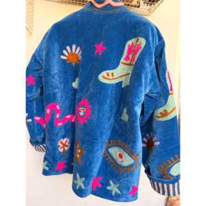 Royal Blue Velvet Embroidered Reversible Floral <b>Pattern</b> Single Button Closure <b>Jacket</b> <b>Quilted</b> Outerwear Sheep Skin Soft Thin - Product Image 2