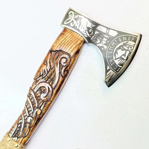 Hacha de mango de madera tallada personalizada SCL, hoja de acero de alto carbono Ragnar vikingo histórica auténtica hecha a mano para coleccionistas - Product Image 4