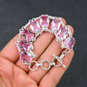 Pulsera de estilo cadena chapada en plata 925 hecha a mano, piedra preciosa kunzita Rosa creada en laboratorio, regalo de joyería fina de diseñador - Product Image 2