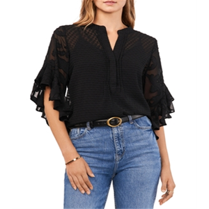 Top in maglia da donna di Vince Camuto con bordi in pizzo e maniche arricciate, nero, taglia media - Product Image 1