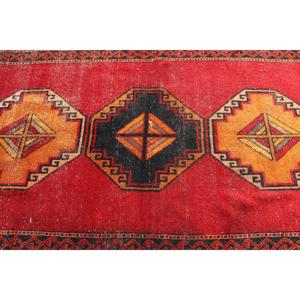 4x11.4 ft Turkish Vintage Rug, <b>Runner</b> Rug, <b>Red</b> Check Rug - Product Image 4