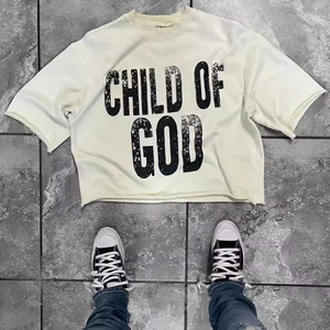 T-shirt à épaules tombantes surdimensionné pour hommes à la mode 100% coton motif imprimé en tissu tricoté doux et respirant - Product Image 1