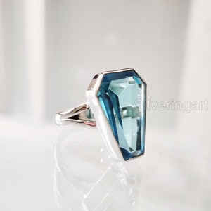 Bague pour femme en argent sterling 925, faite à la main, avec topaze bleue naturelle de forme cercueil, pierre de naissance de novembre, cadeau d'anniversaire oriental - Product Image 3