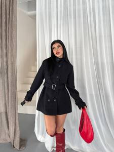 Elegant <b>Black</b> Trench Coat With Belt Stand Collar Full Sleeve Solid Color Autumn Wear Windproof Short Length Women's Coat - Product Image 5