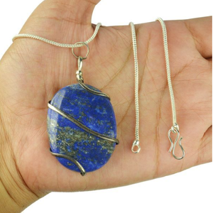 Colgante envuelto en alambre ovalado, lapislázuli Natural, con cadena, joyería hecha a mano - Product Image 3