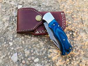 Handmade Damascus Steel <b>Folding</b> <b>Knife</b> with Blue Dollar Sheet Handle Customizable DIY Gift for Him OEM Support - Product Image 4