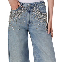Jeans baggy à jambe droite en denim délavé personnalisé avec strass, pantalon décontracté pour femmes, jeans avec strass pour femmes