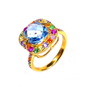 Anillo de pareja clásico de Estilo Vintage Plata de Ley 925 con Topacio Azul y piedras preciosas multicolores Ropa de boda y fiesta - Product Image 3