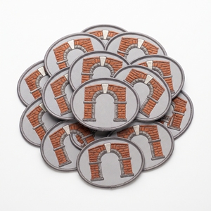 Custom Patch Direct Supplier Oval Red Brick Archway Keystone <b>Badge</b> Grey Twill Charcoal Grey Border <b>Iron</b> <b>On</b> Applique - Product Image 1