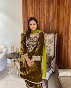 Ropa étnica Terciopelo de viscosa pura con Secuencia de bordado Trabajo Corte recto Traje Salwar Kameez cosido completo para mujer - Product Image 4