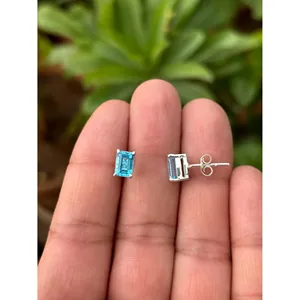 925 Silver Blue Topaz <b>Stud</b> <b>Earrings</b> Gold Plating <b>Emerald</b> Cut Diamond Trendy Moon Heart Animal Star Patterns for Engagement Gift - Product Image 2