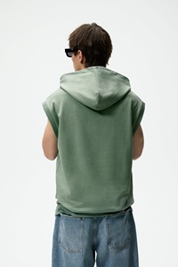 Adjustable Oversize <b>Hoodie</b> with Front Pouch Pocket Ribbed Trims and Embroidered Techniques <b>Sleeveless</b> Design for Winter - Product Image 2