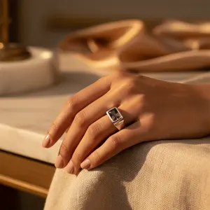 Men's Fashionable <b>Statement</b> <b>Ring</b> <b>Silver</b> Stainless Steel with Smoky Quartz Inlaid Natural Gemstones - Product Image 3