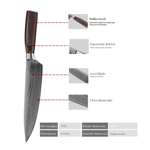 Venta al por mayor personalizado de alta calidad OEM ODM servicio japonés cuchillo de cocina cuchillo de Chef cuchillo de acero inoxidable con mango de madera Pakka - Product Image 6