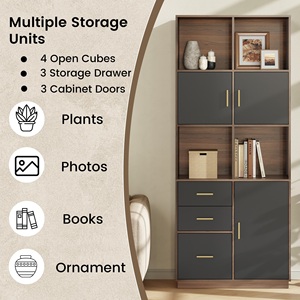 Vitrina Moderna con Cajones, Librería Alta de Madera de Nogal, Vitrina de Exhibición para Sala de Estar, Mueble de Almacenamiento DR577 - Product Image 6