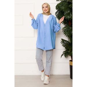 Camisa Kimono Azul con Cuello Alto y Solapa, Casual, Larga, de Algodón Popelina y Seda, con Estampado a Cuadros, Talla Extra Grande 4XL, Decoración con Logotipo - Product Image 1