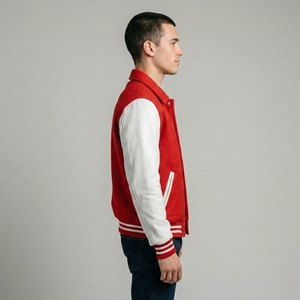 Premium <b>Red</b> White Letterman Jacket Woolen Body Leather Sleeves Rib Knit Collar Cuffs Snap Front Custom Logo Streetwear Outerwear - Product Image 3
