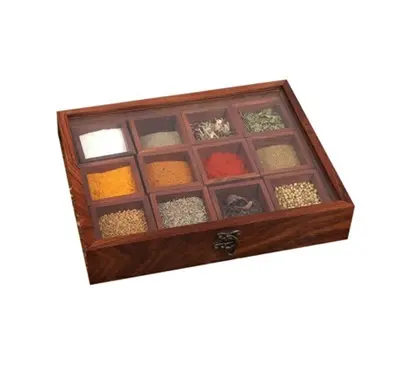 صندوق خشبي مربع مصنوع يدويًا للمسالا في المطبخ يحتوي على تسعة أكواب صندوق خشبي للتوابل يُستخدم خصيصًا للمسالا المجفف والتوابل