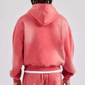 Sudaderas con capucha holgadas de algodón de rizo de 500Gsm para hombre al por mayor personalizadas, ropa informal roja lavada desgastada con cordón ajustable para invierno - Product Image 3