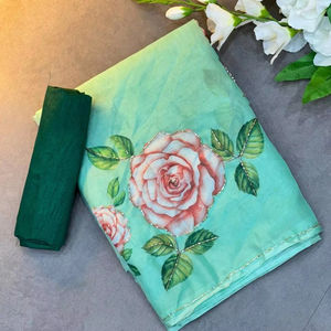 Diseño de patrón de flores coloridas para colección de Sari de fiestas y festivales Impresión digital con tela Tabi suave y trabajo manual de perlas - Product Image 1