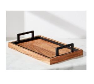 Plateau en bois de taille rectangulaire personnalisé avec poignée en métal et cadre gravé Plateau de service pour hôtel Bois d'acacia - Product Image 1
