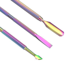 Juego de 3 piezas profesionales al por mayor, empujador de cutículas curvo de acero inoxidable, removedor de callos, herramienta de limpieza de uñas de arcoíris - Product Image 2