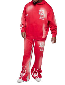 Survêtements d'hiver 2026 grande taille, style streetwear uni, en polaire à capuche, avec broderie effet vieilli, pantalon de survêtement évasé délavé à l'acide - Product Image 5