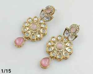 Fashionable Latest Stylish Flower Designer Stone & Kundan Earring Set Indian High Gold Plated Jewelry Kundan Earring Set Women - Product Image 1