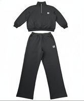 Ensemble de vêtements de détente pour femmes avec logo personnalisé, rose, hiver, haut court à demi-zip, sweat-shirt, pantalon large, ensemble de survêtement en molleton deux pièces, 100% coton