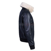 Blouson Bomber Unisexe en Cuir de Vachette Bleu Silo Sports avec Bordure en Fourrure, Imperméable, Coupe-Vent, Écologique, Style Vintage, Faible MOQ, Grandes Tailles, Hiver