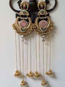 Pendientes largos Chandbali de doble acabado real de alta calidad tradicional con detalle de cadena Triple Jhumki cadena india Jhumki para mujer - Product Image 3