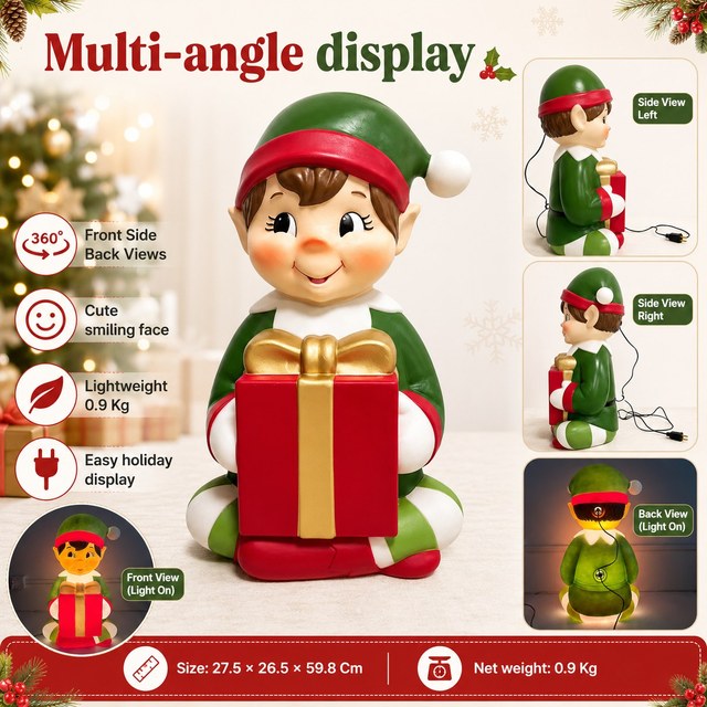 Customizable Green Elf Holding Gift LED Blow Mold Yard Decoration with Oversized Holiday Display and Factory Direct Service