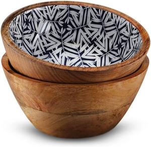 Ensemble de bols à salade en bois d'acacia imprimé émaillé fait à la main respectueux de l'environnement Grand bol de service avec ustensiles de service pour les fruits - Product Image 3