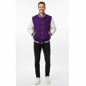Veste universitaire brodée personnalisée pour hommes, veste de baseball en laine de haute qualité, veste de lettreman violette et blanche - Product Image 1