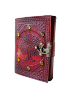 Bel arbre fait à la main en relief avec six pierres précieuses jaunes cloutées autour du cahier C-Lock en laiton antique à couverture rigide en cuir véritable