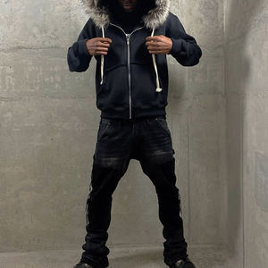 Sportish Impex Clothing Manufacturer Custom 400GSM 500GSM French Terry Zip Up <b>Hoodie</b> Distressed Detachable <b>Fur</b> Hood <b>Men</b> - Product Image 3