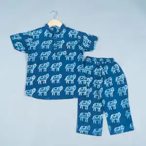 Blue Hand block print co-ord set per ragazzi stampa t shirt tinta unita pantalone due pezzi boy clothes bambini abbigliamento alla moda fatto a mano b